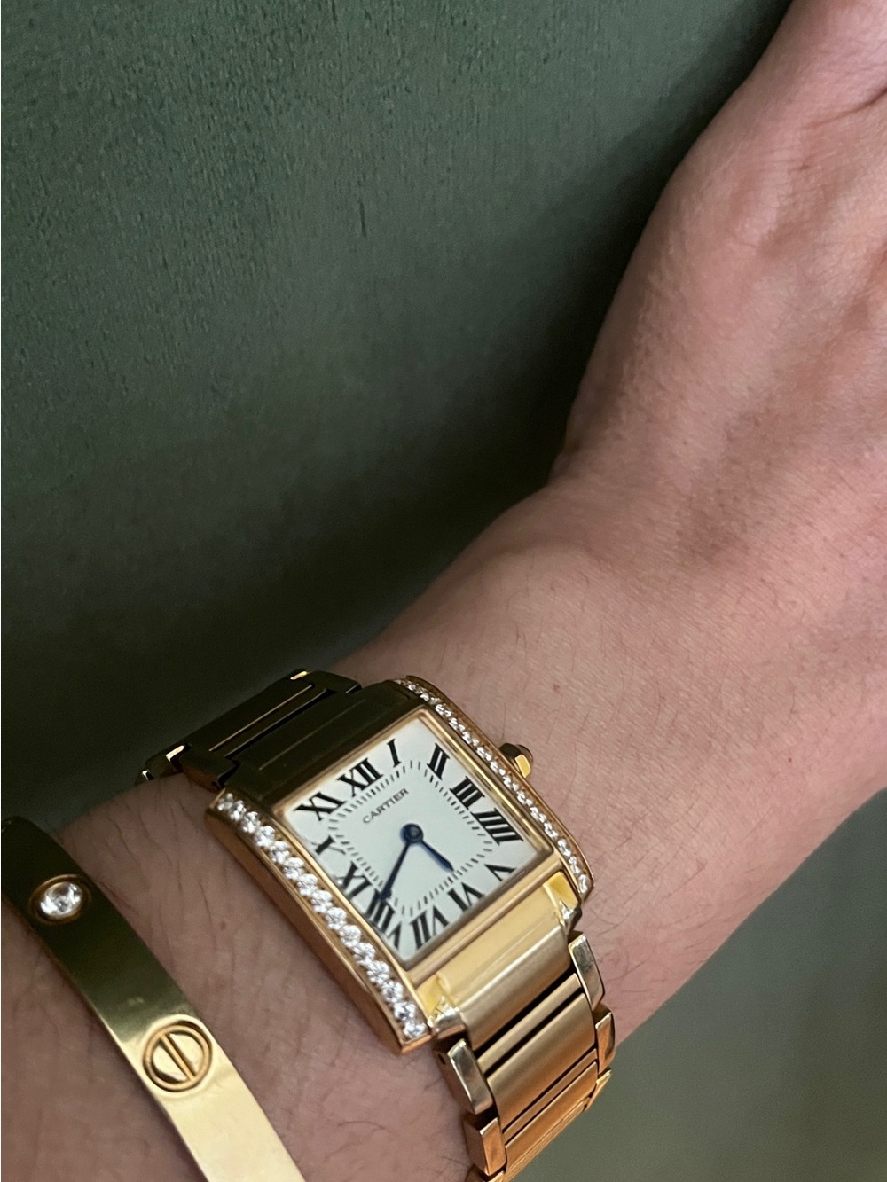 Designer inspired gold bracelet watch with diamond-set bezel